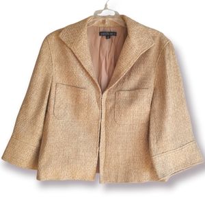 Lafayette 148 New York Tweed Blazer Size 10 Tan Natural Hook Front 3/4 Sleeve